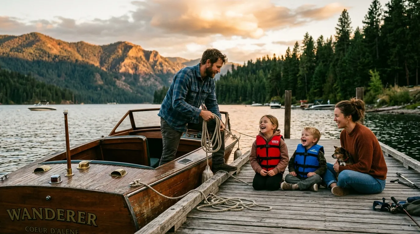 Family with a wooden boat on a dock at golden hour