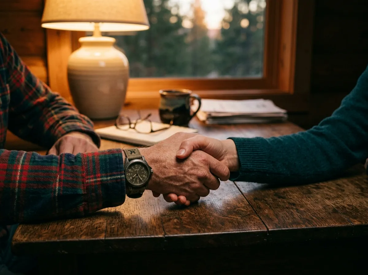 Handshake across a wood desk in warm lamp light