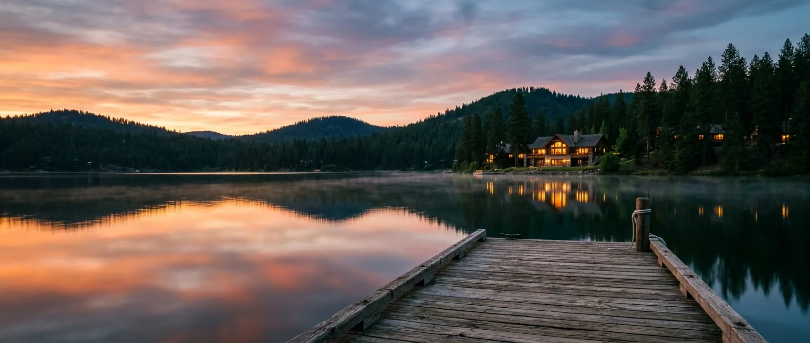 Lake Coeur d'Alene at dusk from a wooden dock