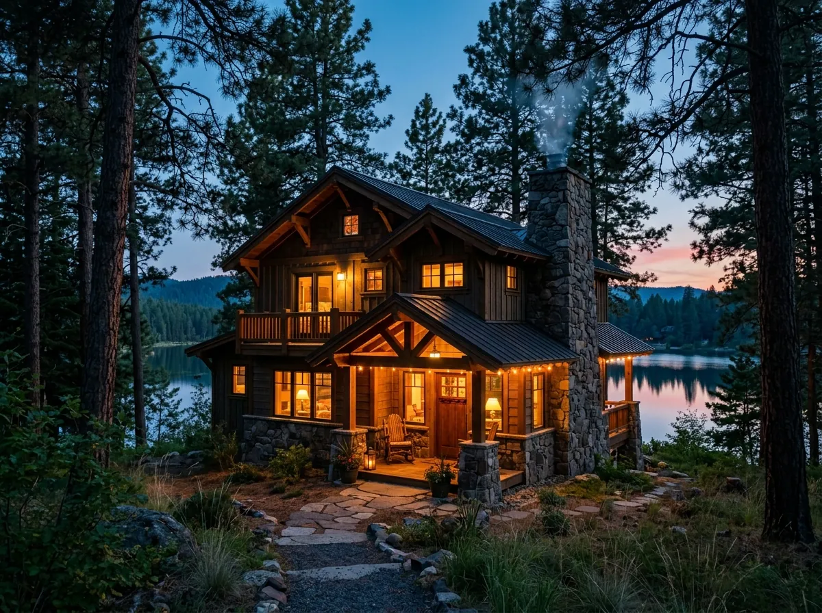 Craftsman lake house among ponderosa pines at dusk
