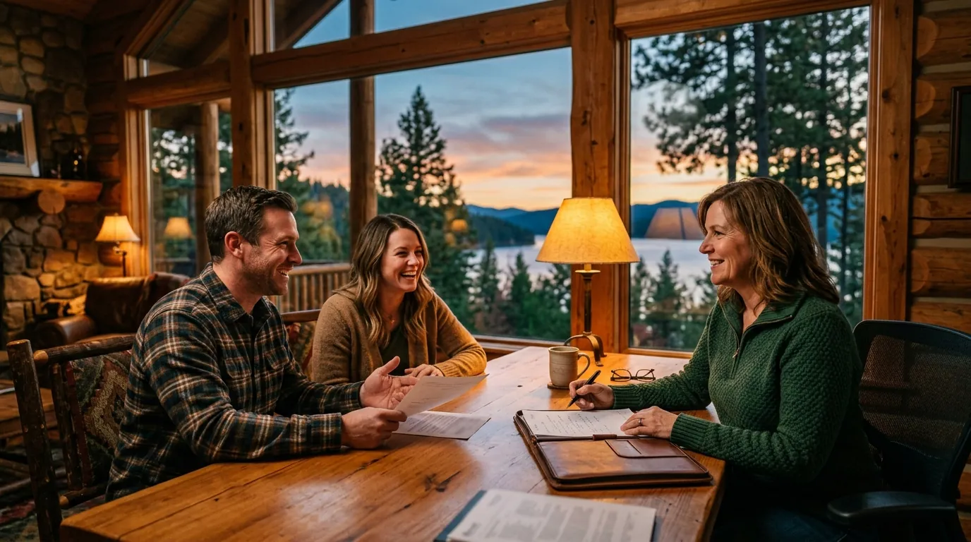 Advisor meeting a couple in a lodge office